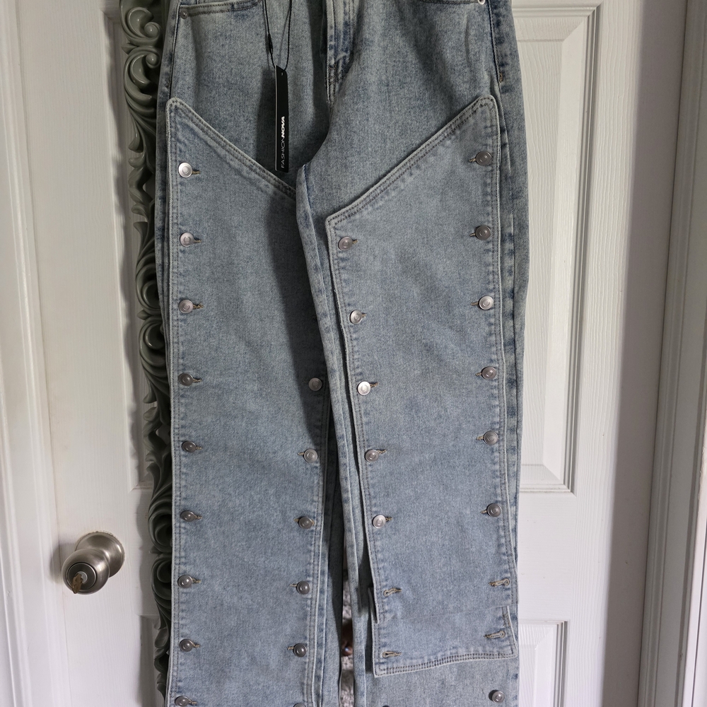 Fashion Nova Light Blue Flare Jeans with Silver Accents
